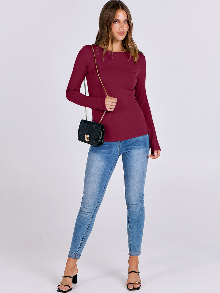 ANRABESS Long Sleeve Shirts for Women Ribbed Knit Slim Fit Basic Tops Crewneck Tees Spring Fall Casual Underscrubs Layer Clothes