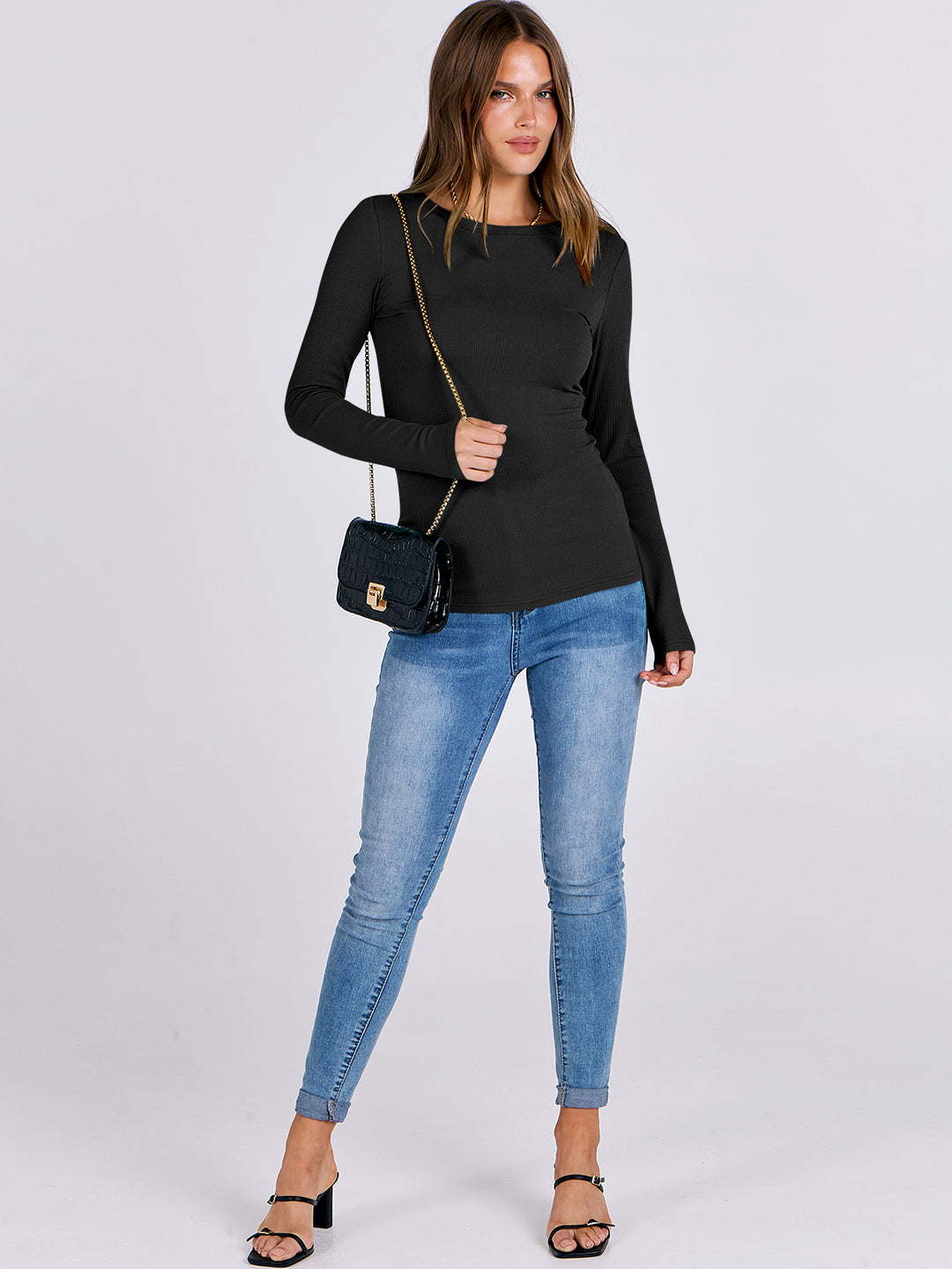 ANRABESS Long Sleeve Shirts for Women Ribbed Knit Slim Fit Basic Tops Crewneck Tees Spring Fall Casual Underscrubs Layer Clothes