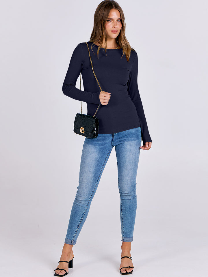 ANRABESS Long Sleeve Shirts for Women Ribbed Knit Slim Fit Basic Tops Crewneck Tees Spring Fall Casual Underscrubs Layer Clothes