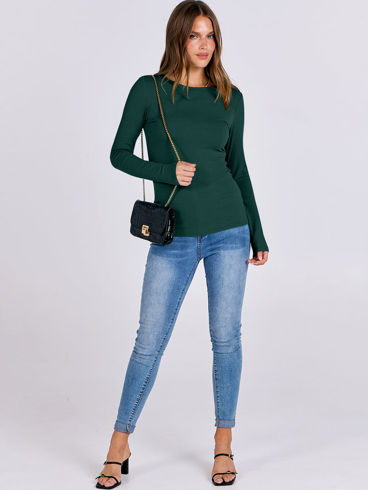 ANRABESS Long Sleeve Shirts for Women Ribbed Knit Slim Fit Basic Tops Crewneck Tees Spring Fall Casual Underscrubs Layer Clothes