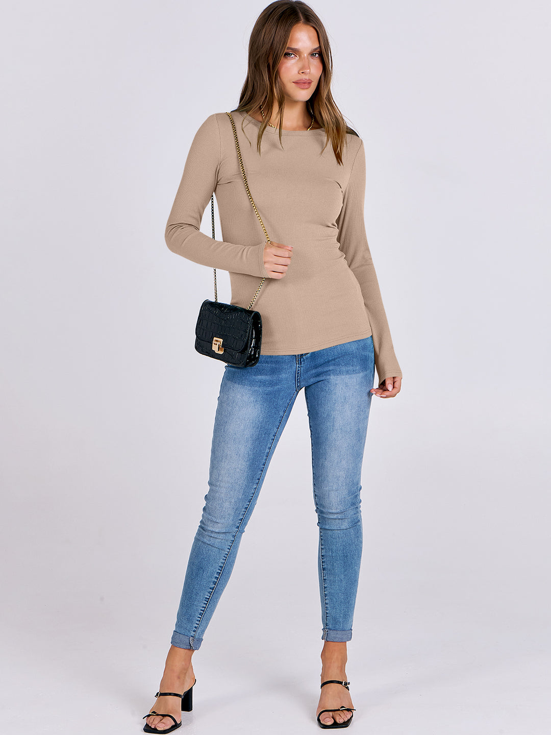 ANRABESS Long Sleeve Shirts for Women Ribbed Knit Slim Fit Basic Tops Crewneck Tees Spring Fall Casual Underscrubs Layer Clothes