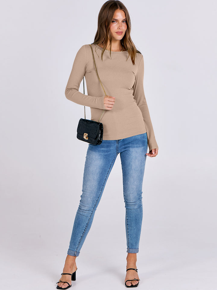 ANRABESS Long Sleeve Shirts for Women Ribbed Knit Slim Fit Basic Tops Crewneck Tees Spring Fall Casual Underscrubs Layer Clothes