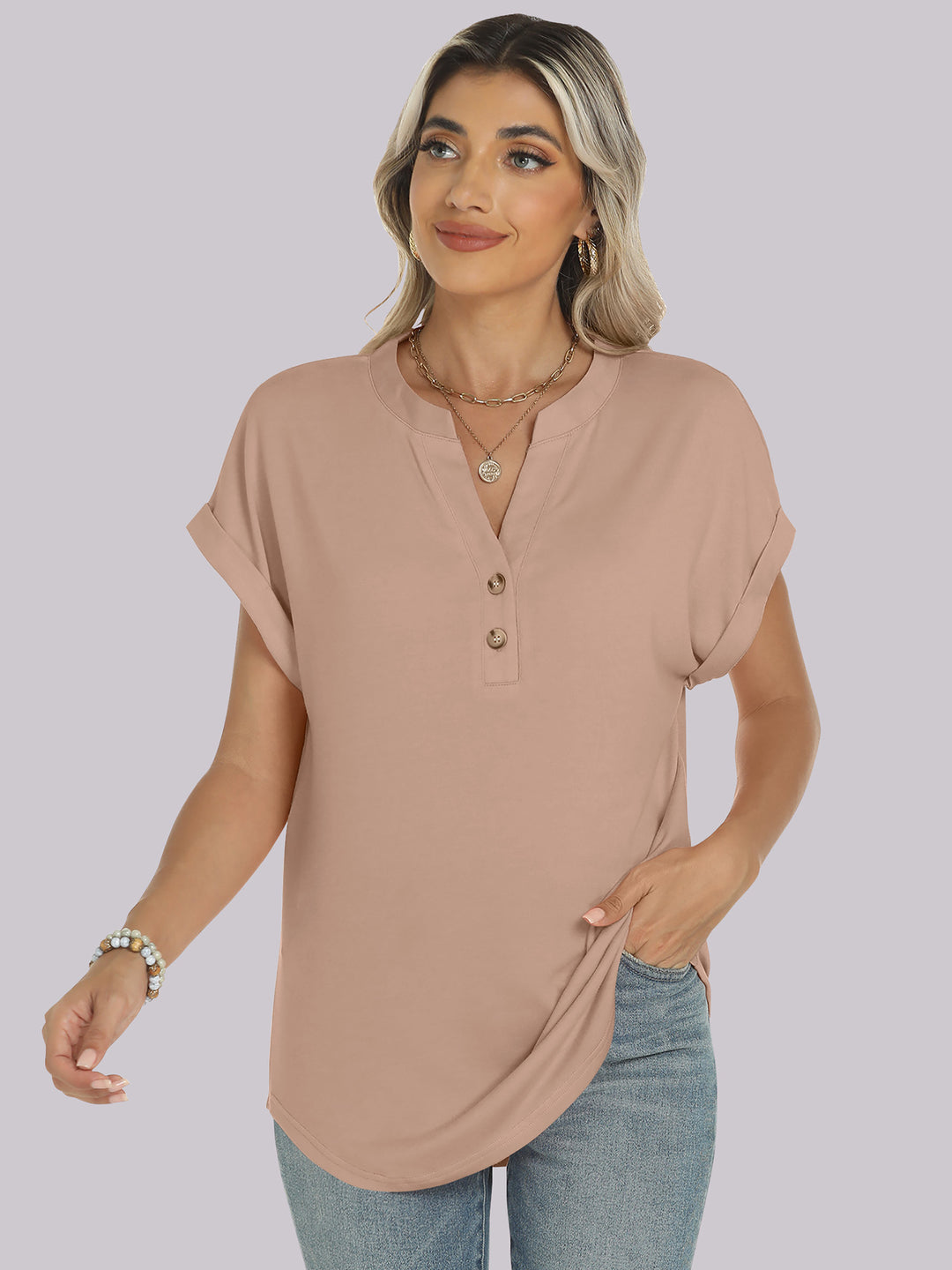 ANRABESS Womens Short Sleeve Henley Tops V Neck Dressy Casual Blouses Summer Trendy Tee Shirts 2026 Vacation Fashion Clothes