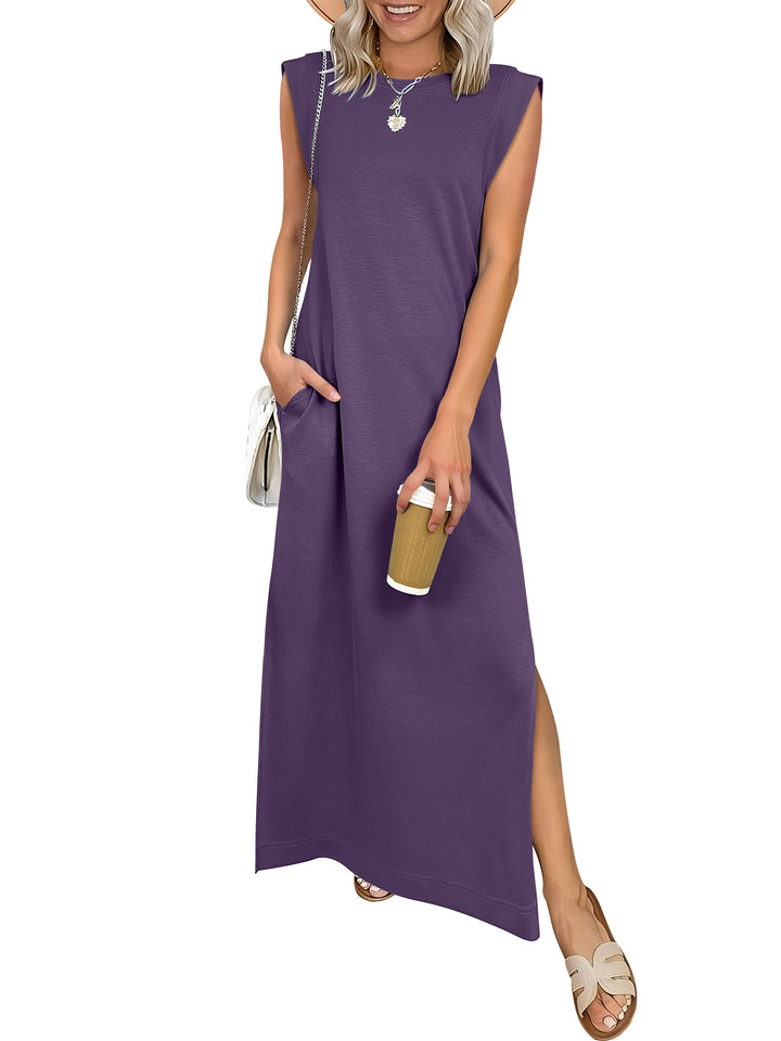 ANRABESS Summer Casual Sleeveless Maxi Dress for Women Crewneck Loose Split Wrinkle-Free Travel Vacation Long Dress Beach Sundress with Pockets