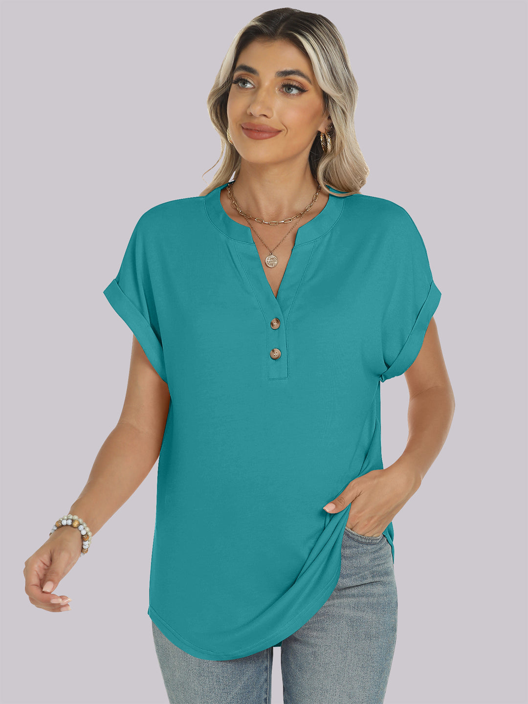 ANRABESS Womens Short Sleeve Henley Tops V Neck Dressy Casual Blouses Summer Trendy Tee Shirts 2026 Vacation Fashion Clothes