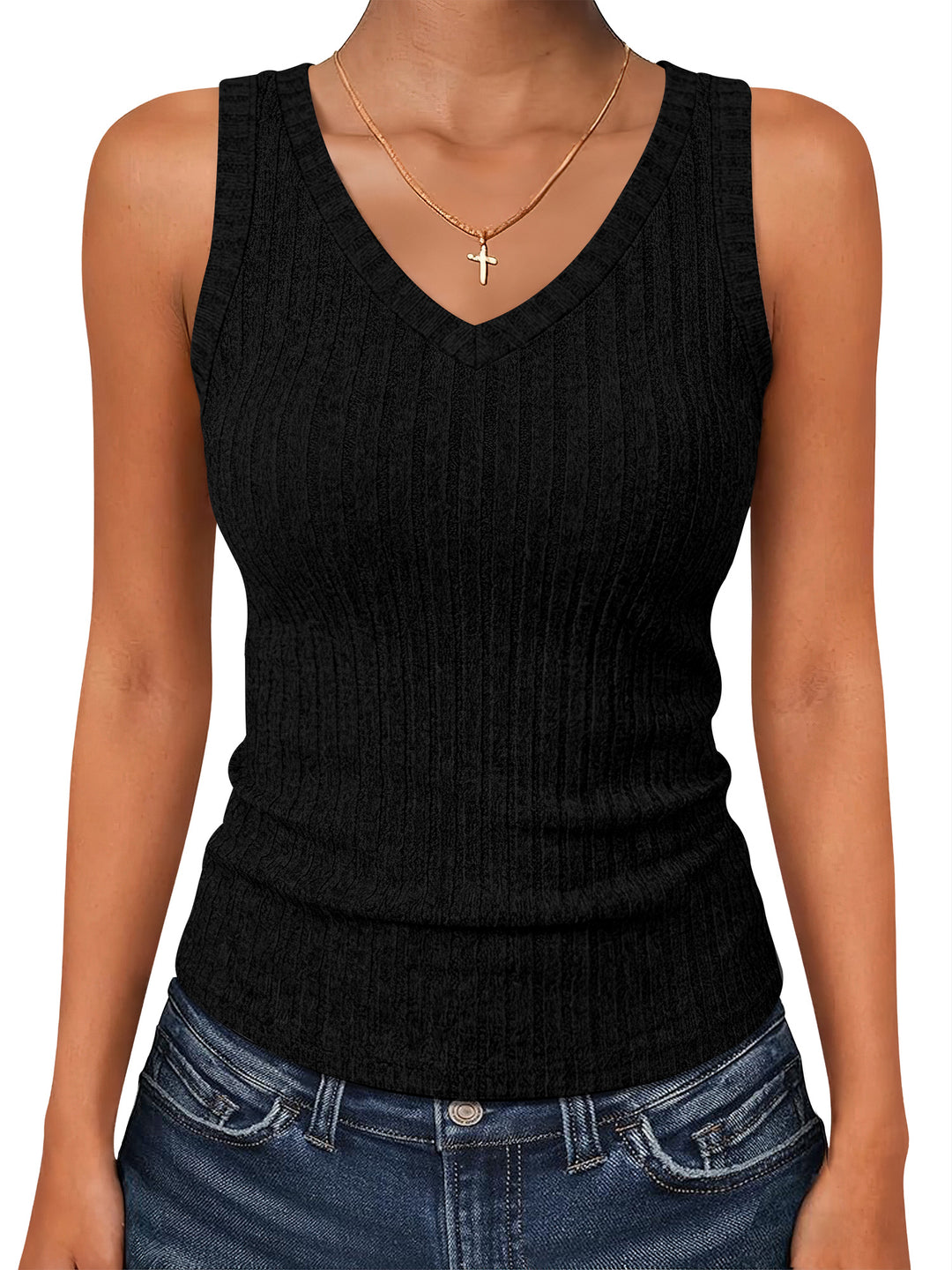 ANRABESS Women’s V Neck Tank Tops, Soft Comfy Ribbed Knit, Slim Fitted Going Out Shirts, Summer Outfits for Travel Work Daily