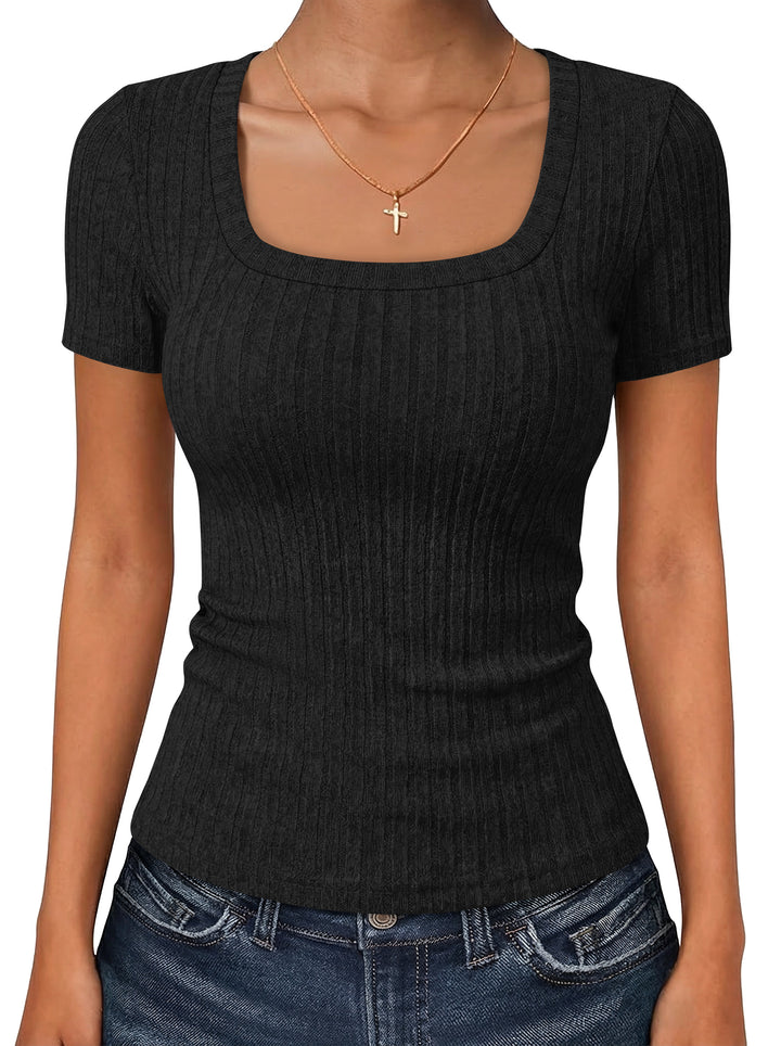 ANRABESS Womens Square Neck Tops, Soft Lightweight Rib Knit Sweater, Short Sleeve Slim Fit Shirts, Summer Casual Outfits 2026