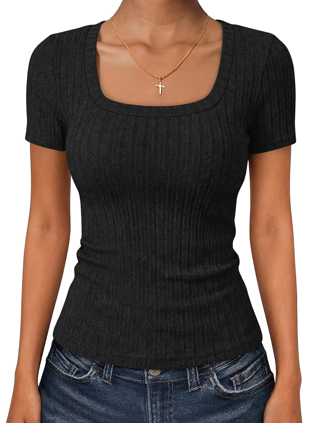 ANRABESS Womens Square Neck Tops, Soft Lightweight Rib Knit Sweater, Short Sleeve Slim Fit Shirts, Summer Casual Outfits 2026