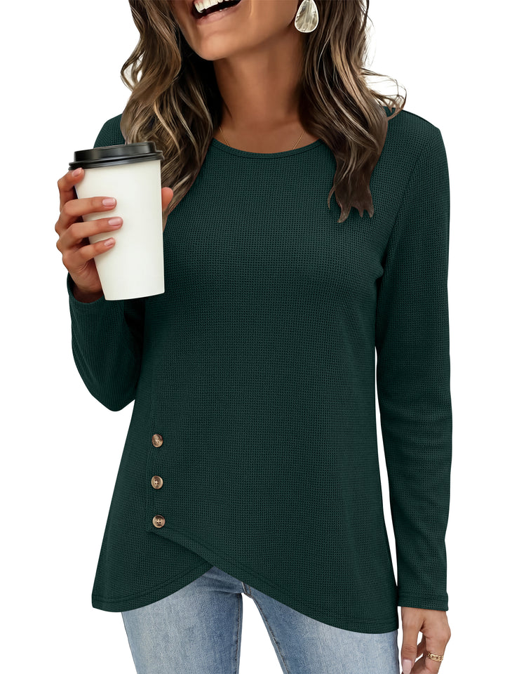 ANRABESS Long Sleeve Shirts for Women, Waffle Knit Wrap Tunic Tops, Lightweight Soft Fall Outfits for Daily Work Travel