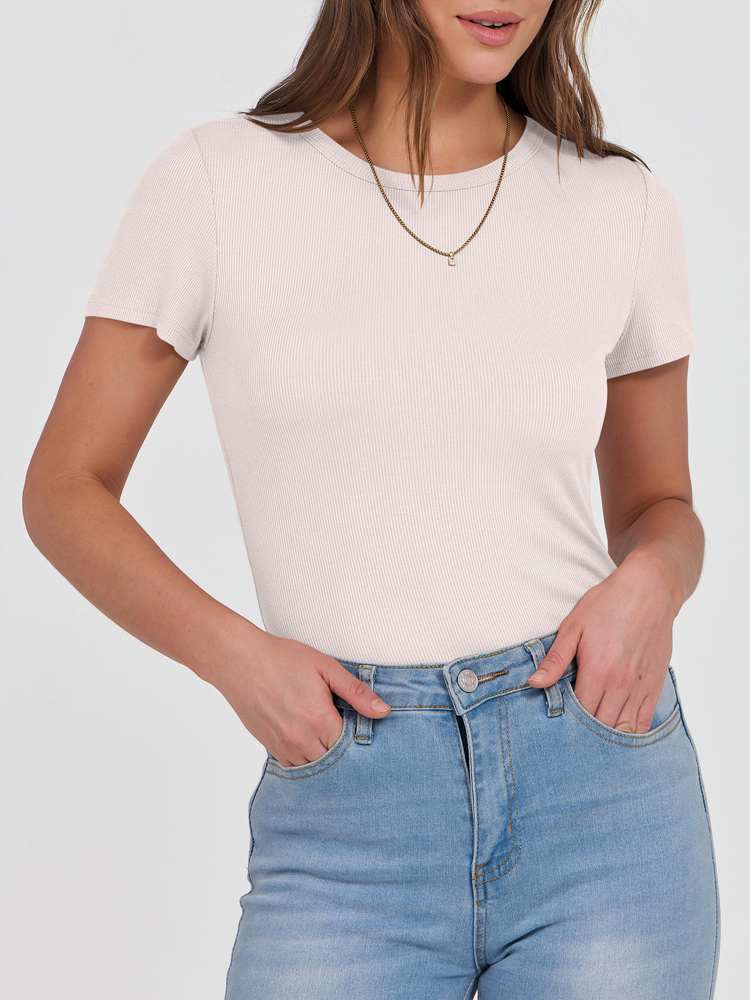 ANRABESS Womens Short Sleeve Tops Crewneck Ribbed Knit Slim Fit Basic Tee Casual Summer Fitted T Shirt