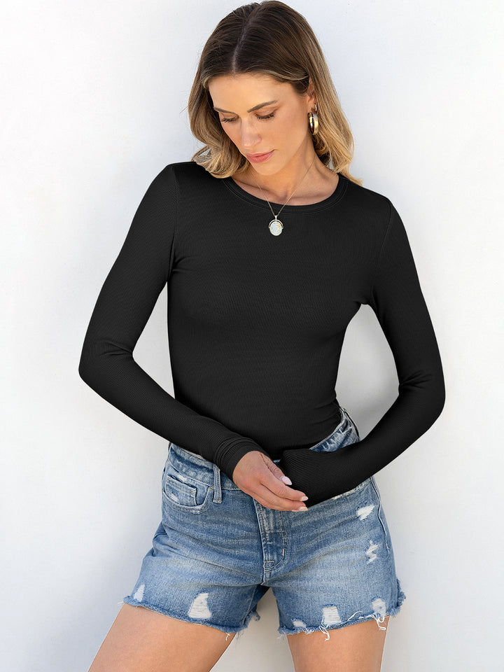ANRABESS Long Sleeve Shirts for Women Ribbed Knit Slim Fit Basic Tops Crewneck Tees Spring Fall Casual Underscrubs Layer Clothes