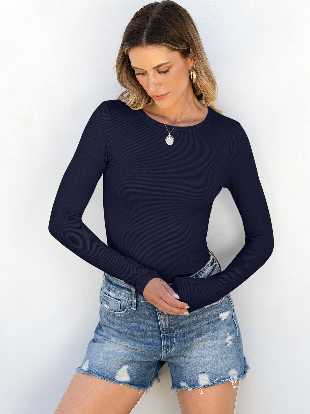 ANRABESS Long Sleeve Shirts for Women Ribbed Knit Slim Fit Basic Tops Crewneck Tees Spring Fall Casual Underscrubs Layer Clothes