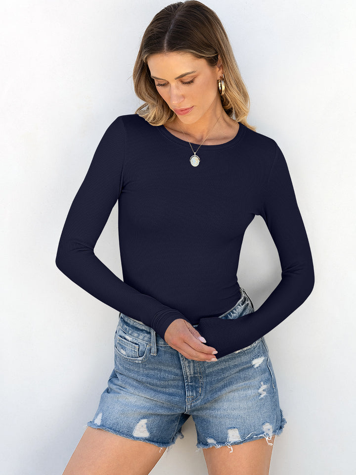 ANRABESS Long Sleeve Shirts for Women Ribbed Knit Slim Fit Basic Tops Crewneck Tees Spring Fall Casual Underscrubs Layer Clothes