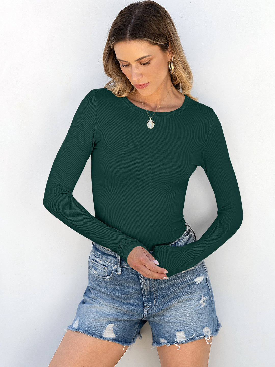 ANRABESS Long Sleeve Shirts for Women Ribbed Knit Slim Fit Basic Tops Crewneck Tees Spring Fall Casual Underscrubs Layer Clothes