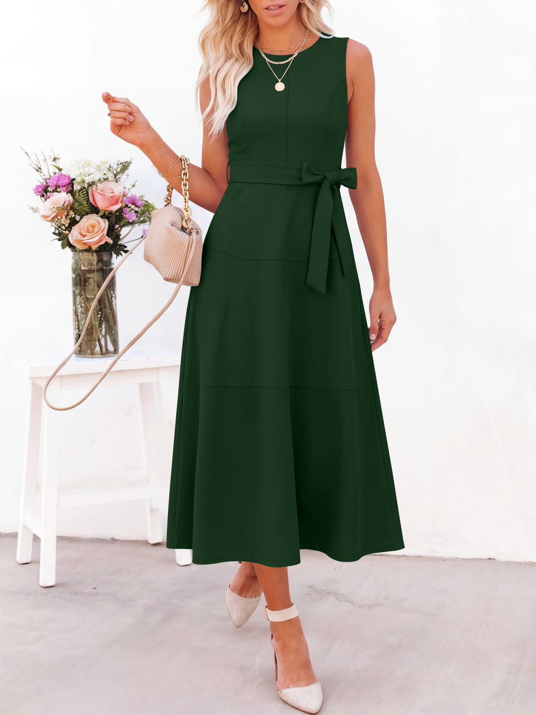 ANRABESS Women Formal Midi Dress Sleeveless Elegant Business Casual 2026 Summer Cocktail Party Night Out Dresses with Belt