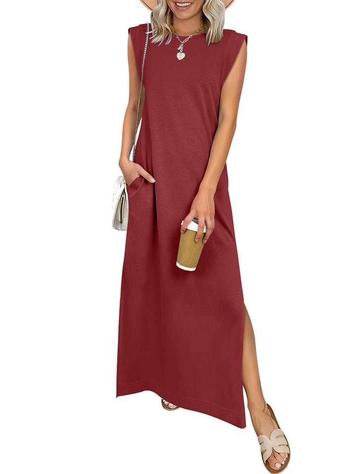 ANRABESS Summer Casual Sleeveless Maxi Dress for Women Crewneck Loose Split Wrinkle-Free Travel Vacation Long Dress Beach Sundress with Pockets