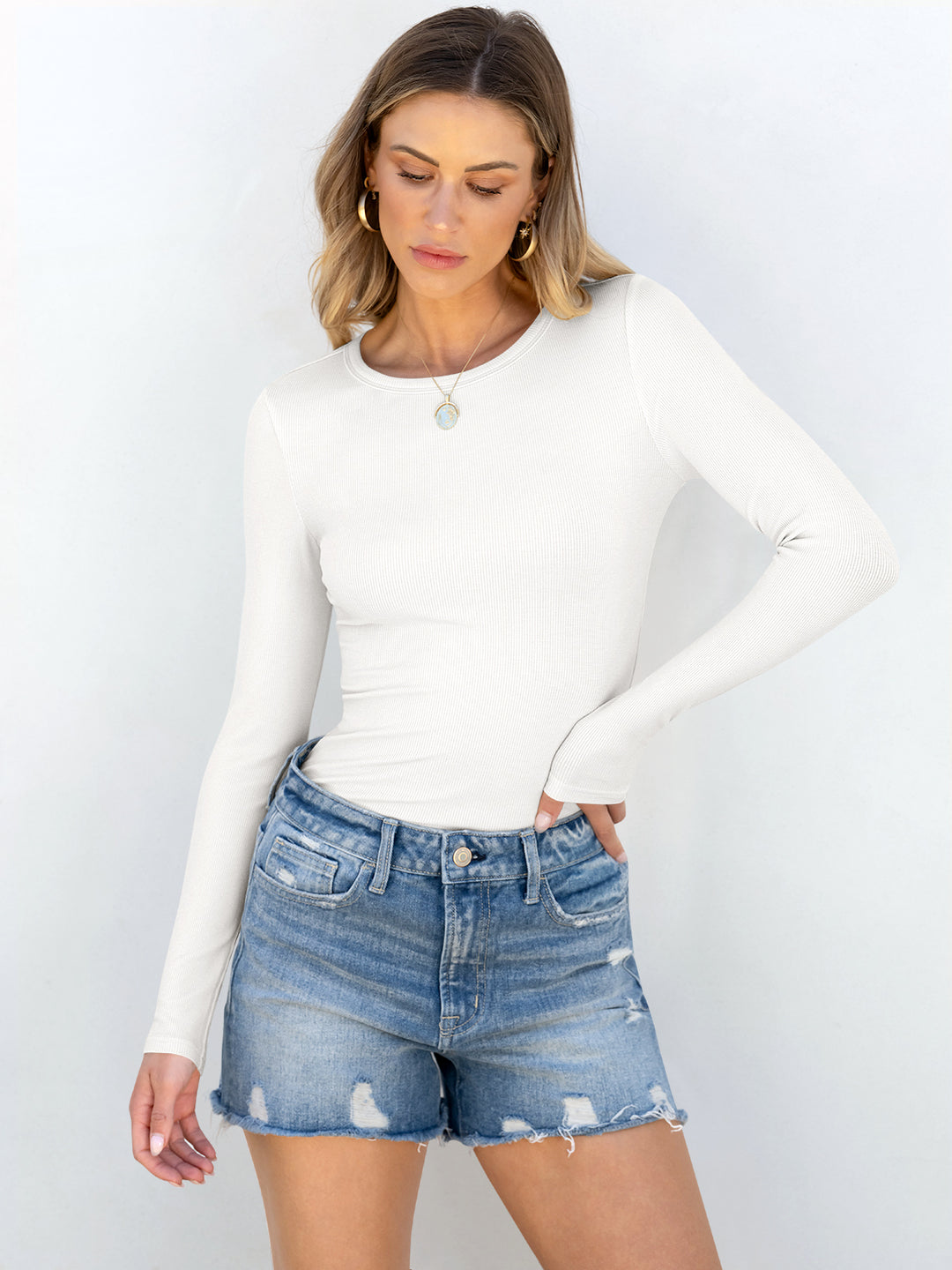 ANRABESS Long Sleeve Shirts for Women Ribbed Knit Slim Fit Basic Tops Crewneck Tees Spring Fall Casual Underscrubs Layer Clothes