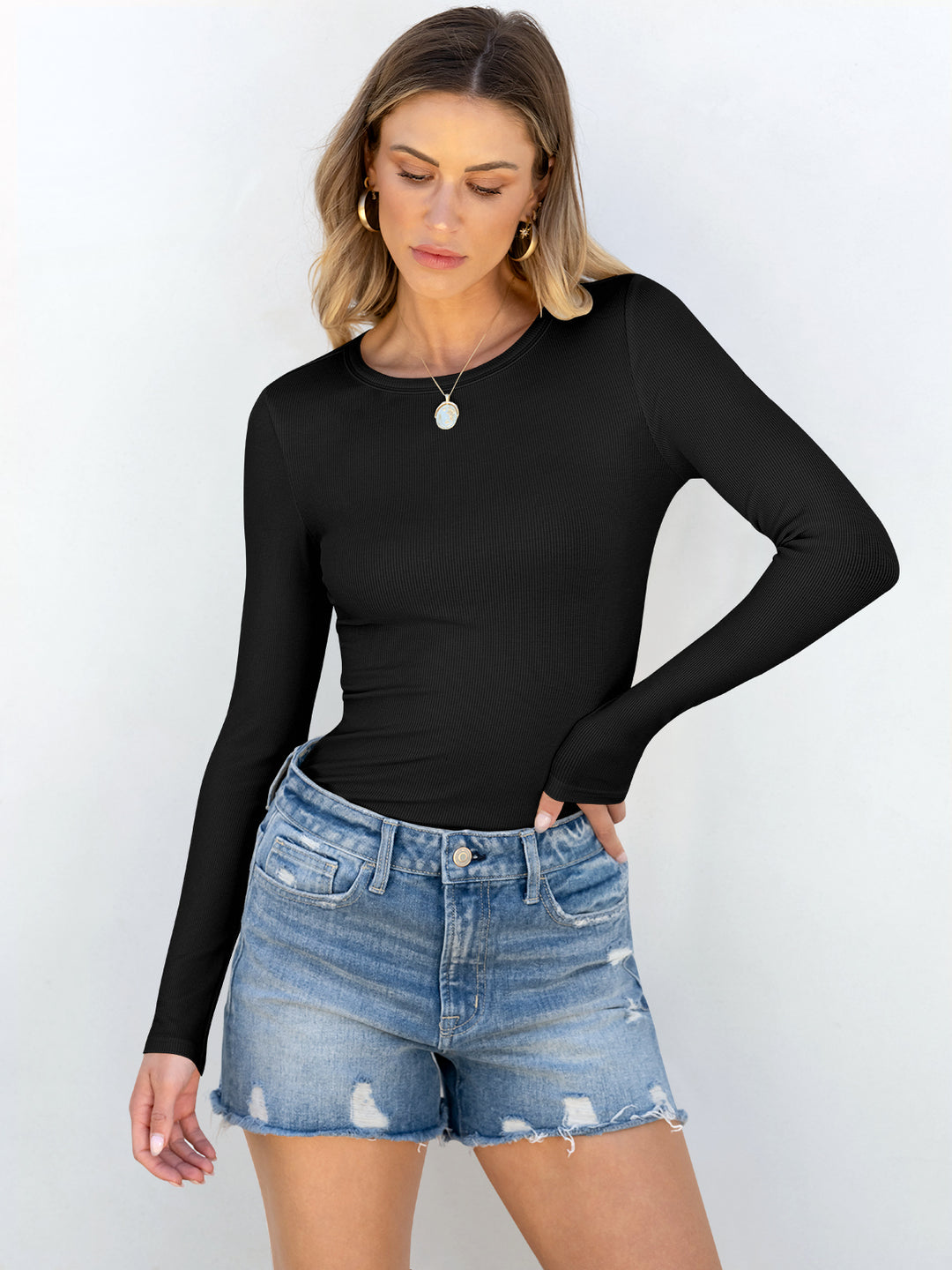 ANRABESS Long Sleeve Shirts for Women Ribbed Knit Slim Fit Basic Tops Crewneck Tees Spring Fall Casual Underscrubs Layer Clothes