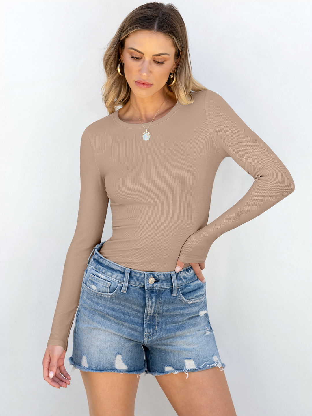 ANRABESS Long Sleeve Shirts for Women Ribbed Knit Slim Fit Basic Tops Crewneck Tees Spring Fall Casual Underscrubs Layer Clothes