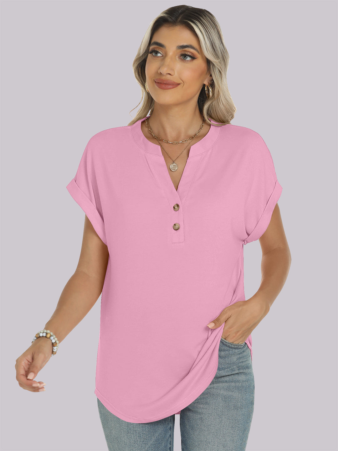 ANRABESS Womens Short Sleeve Henley Tops V Neck Dressy Casual Blouses Summer Trendy Tee Shirts 2026 Vacation Fashion Clothes
