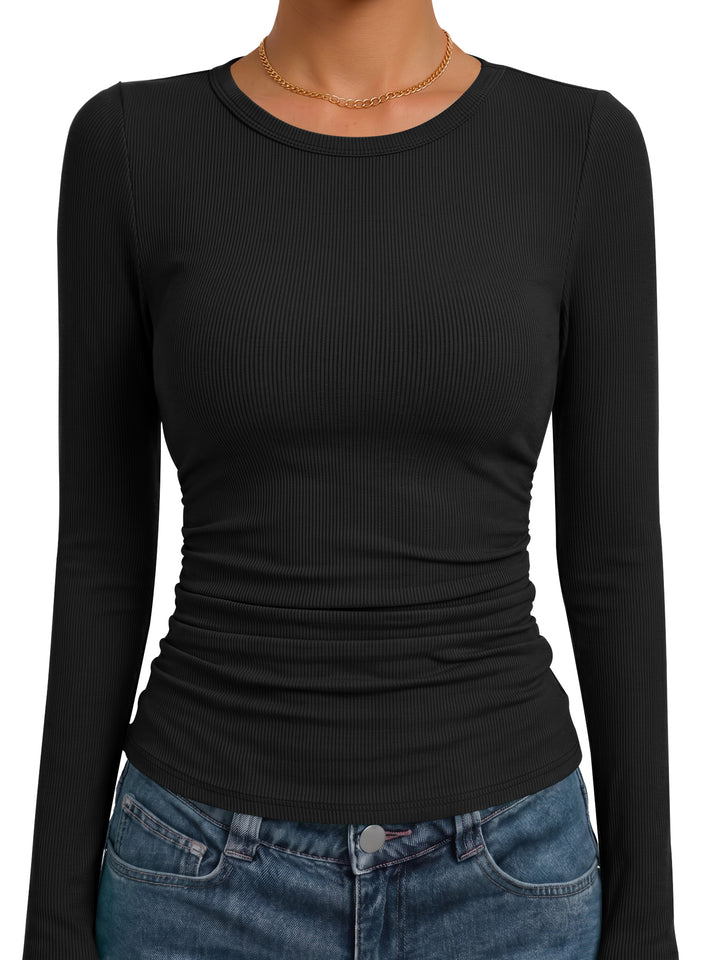 ANRABESS Women's Long Sleeve Shirts , Ruched Side Fitted Basic Tee Tops, Soft Ribbed Stretchy T-Shirt Layer for Casual & Work