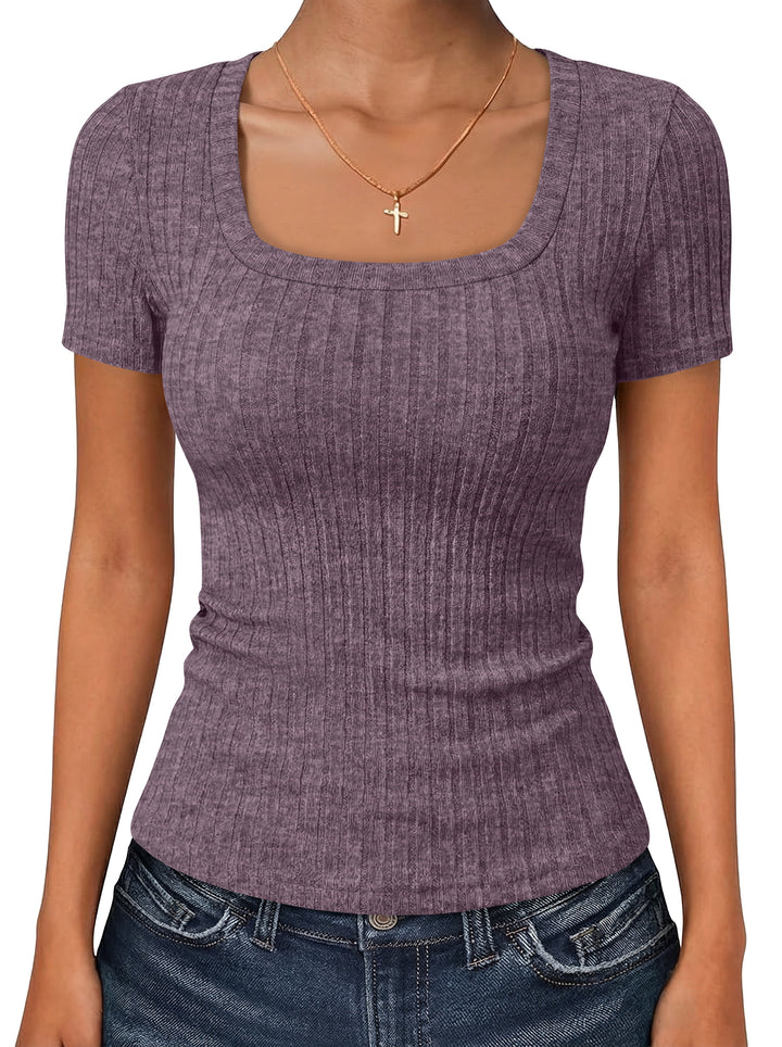 ANRABESS Womens Square Neck Tops, Soft Lightweight Rib Knit Sweater, Short Sleeve Slim Fit Shirts, Summer Casual Outfits 2026