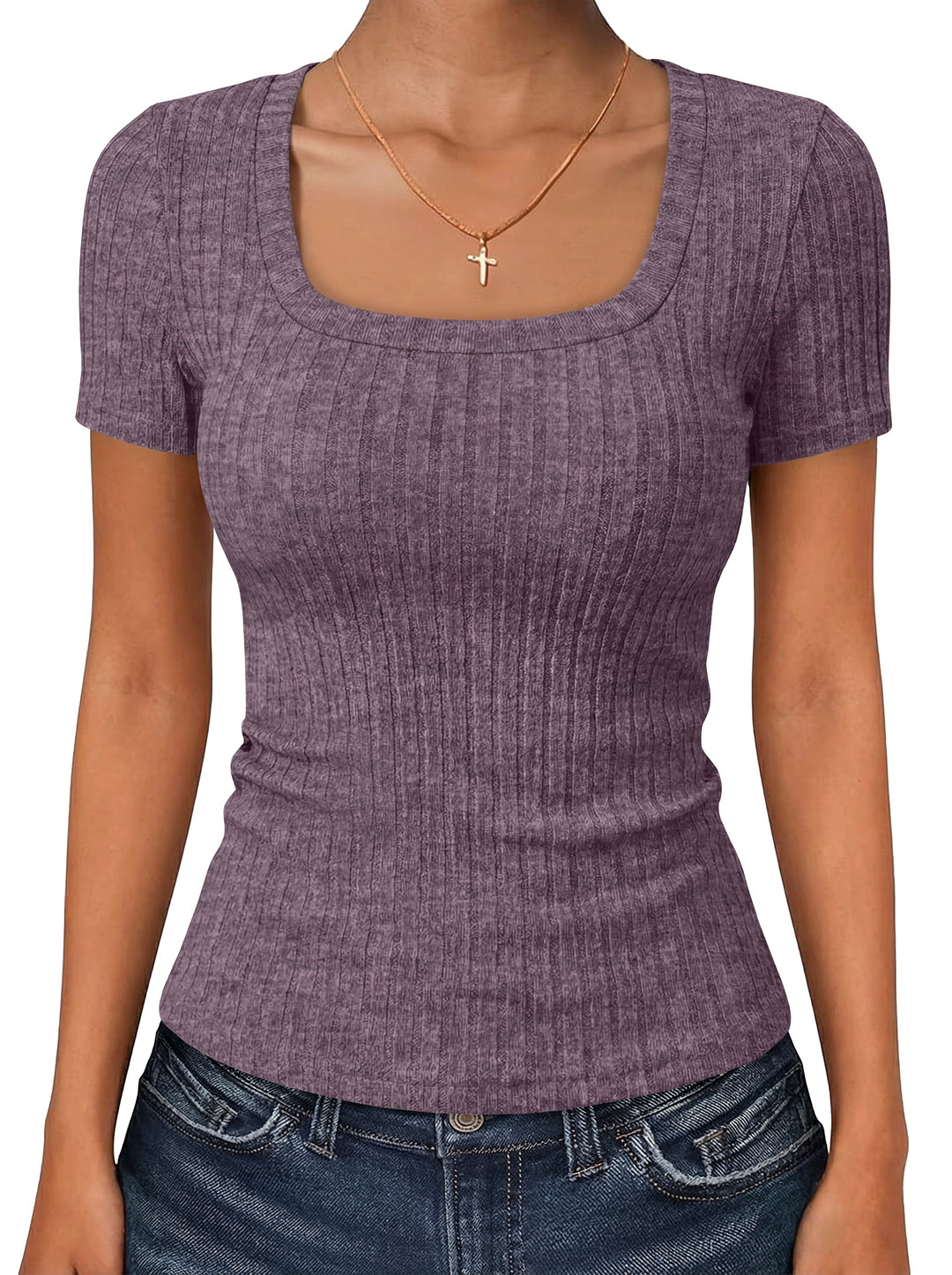 ANRABESS Womens Square Neck Tops, Soft Lightweight Rib Knit Sweater, Short Sleeve Slim Fit Shirts, Summer Casual Outfits 2026
