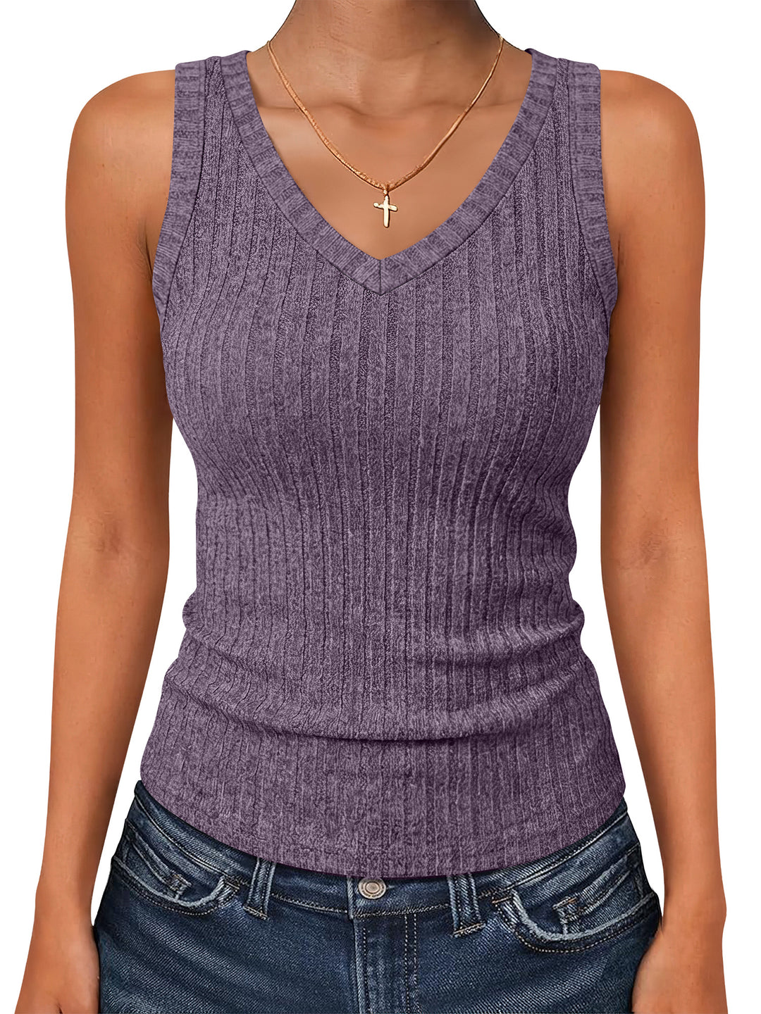 ANRABESS Women’s V Neck Tank Tops, Soft Comfy Ribbed Knit, Slim Fitted Going Out Shirts, Summer Outfits for Travel Work Daily