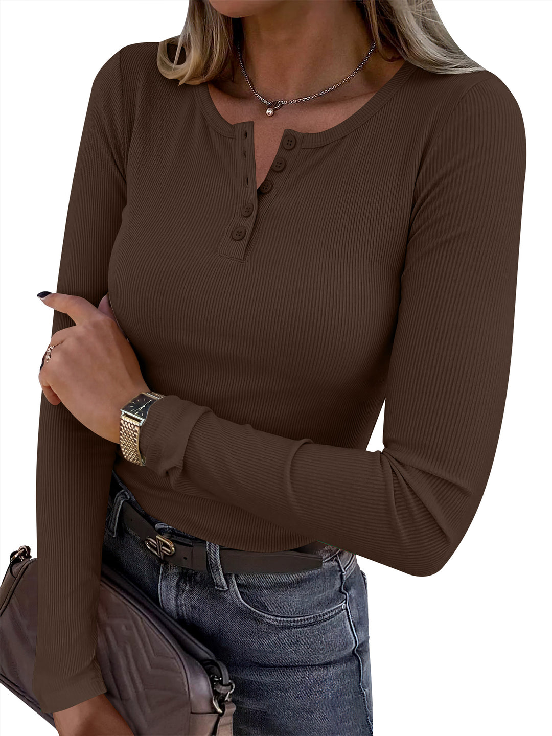 ANRABESS Womens Long Sleeve Henley Tops, Ribbed Slim Fit Shirts, Comfy Stretchy Fall Winter Layer，Basic Tee for Work & Travel