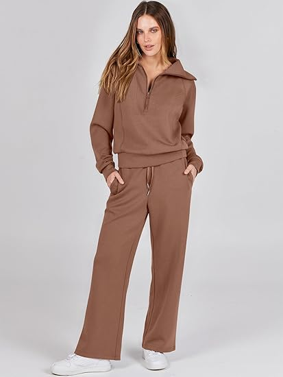 ANRABESS 2 Piece Outfits for Women Half Zip Sweatshirt & Wide Leg Pants Airport Travel Lounge Matching Fall Winter Sets Sweatsuits Clothing