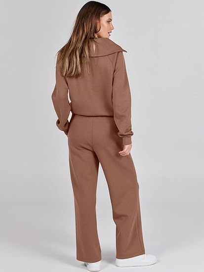 ANRABESS 2 Piece Outfits for Women Half Zip Sweatshirt & Wide Leg Pants Airport Travel Lounge Matching Fall Winter Sets Sweatsuits Clothing