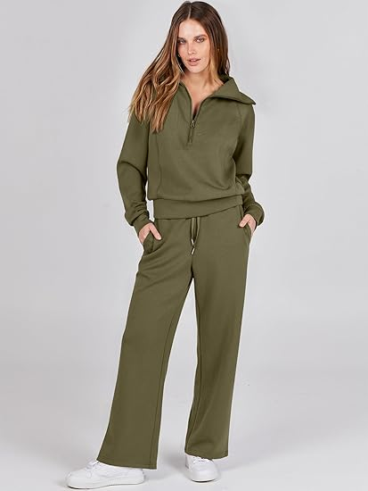 ANRABESS 2 Piece Outfits for Women Half Zip Sweatshirt & Wide Leg Pants Airport Travel Lounge Matching Fall Winter Sets Sweatsuits Clothing