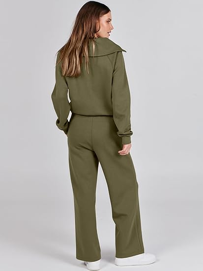 ANRABESS 2 Piece Outfits for Women Half Zip Sweatshirt & Wide Leg Pants Airport Travel Lounge Matching Fall Winter Sets Sweatsuits Clothing