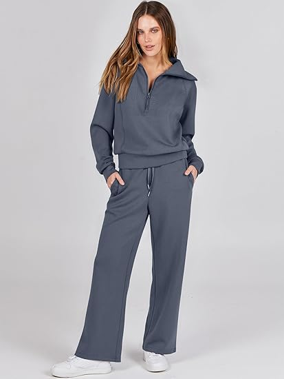ANRABESS 2 Piece Outfits for Women Half Zip Sweatshirt & Wide Leg Pants Airport Travel Lounge Matching Fall Winter Sets Sweatsuits Clothing