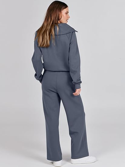 ANRABESS 2 Piece Outfits for Women Half Zip Sweatshirt & Wide Leg Pants Airport Travel Lounge Matching Fall Winter Sets Sweatsuits Clothing