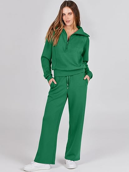 ANRABESS 2 Piece Outfits for Women Half Zip Sweatshirt & Wide Leg Pants Airport Travel Lounge Matching Fall Winter Sets Sweatsuits Clothing