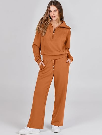 ANRABESS 2 Piece Outfits for Women Half Zip Sweatshirt & Wide Leg Pants Airport Travel Lounge Matching Fall Winter Sets Sweatsuits Clothing