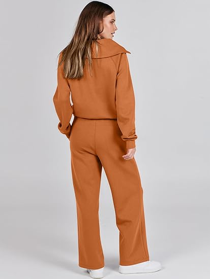 ANRABESS 2 Piece Outfits for Women Half Zip Sweatshirt & Wide Leg Pants Airport Travel Lounge Matching Fall Winter Sets Sweatsuits Clothing