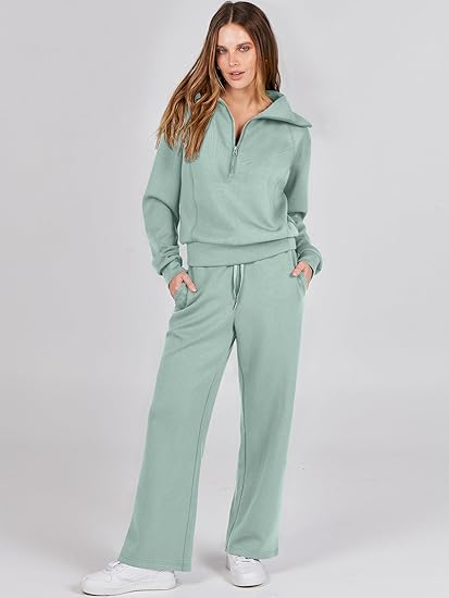 ANRABESS 2 Piece Outfits for Women Half Zip Sweatshirt & Wide Leg Pants Airport Travel Lounge Matching Fall Winter Sets Sweatsuits Clothing