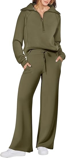 ANRABESS 2 Piece Outfits for Women Half Zip Sweatshirt & Wide Leg Pants Airport Travel Lounge Matching Fall Winter Sets Sweatsuits Clothing