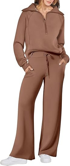 ANRABESS 2 Piece Outfits for Women Half Zip Sweatshirt & Wide Leg Pants Airport Travel Lounge Matching Fall Winter Sets Sweatsuits Clothing