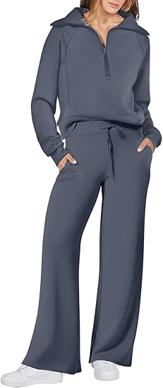 ANRABESS 2 Piece Outfits for Women Half Zip Sweatshirt & Wide Leg Pants Airport Travel Lounge Matching Fall Winter Sets Sweatsuits Clothing