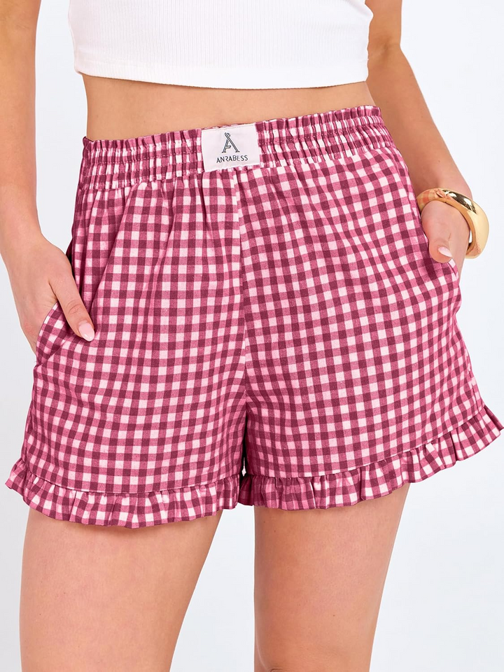 ANRABESS Womens Ruffle Boxer Shorts Pajama Gingham Shorts Summer Casual Lounge Sleep Plaid Beach Bottoms Pockets 2026 Trendy