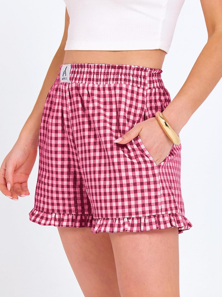 ANRABESS Womens Ruffle Boxer Shorts Pajama Gingham Shorts Summer Casual Lounge Sleep Plaid Beach Bottoms Pockets 2026 Trendy