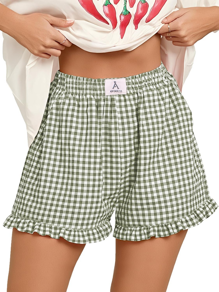 ANRABESS Womens Ruffle Boxer Shorts Pajama Gingham Shorts Summer Casual Lounge Sleep Plaid Beach Bottoms Pockets 2026 Trendy