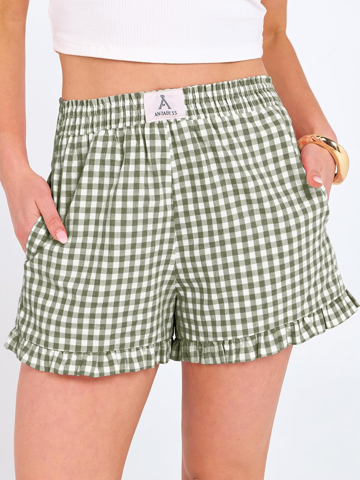 ANRABESS Womens Ruffle Boxer Shorts Pajama Gingham Shorts Summer Casual Lounge Sleep Plaid Beach Bottoms Pockets 2026 Trendy