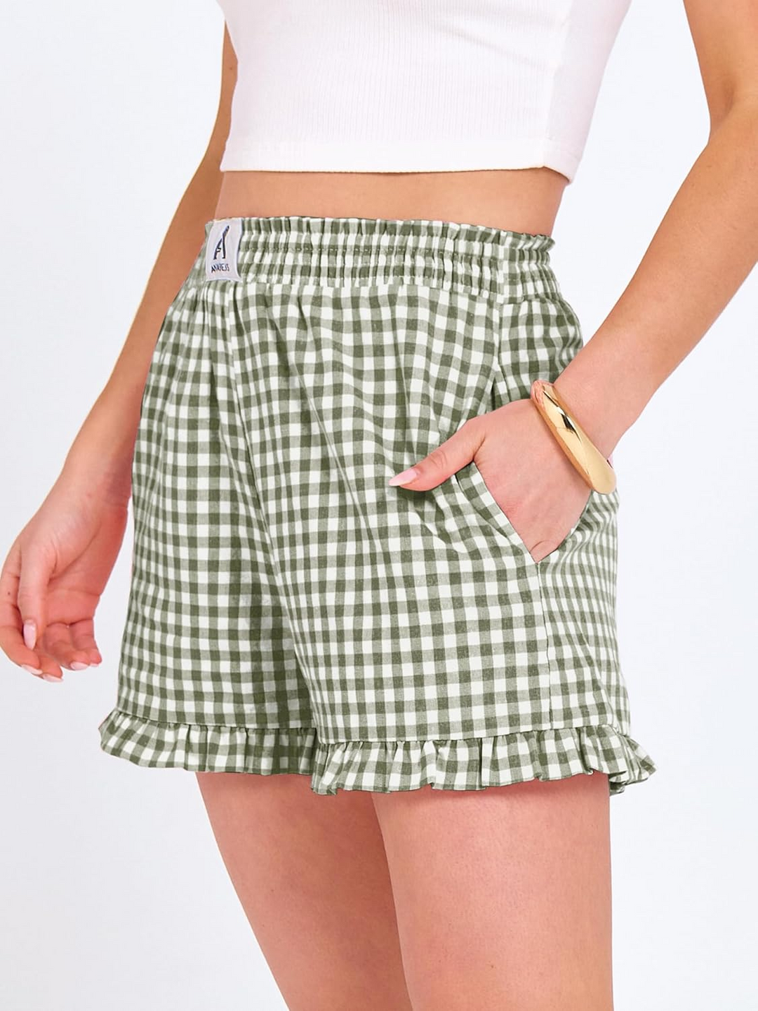 ANRABESS Womens Ruffle Boxer Shorts Pajama Gingham Shorts Summer Casual Lounge Sleep Plaid Beach Bottoms Pockets 2026 Trendy