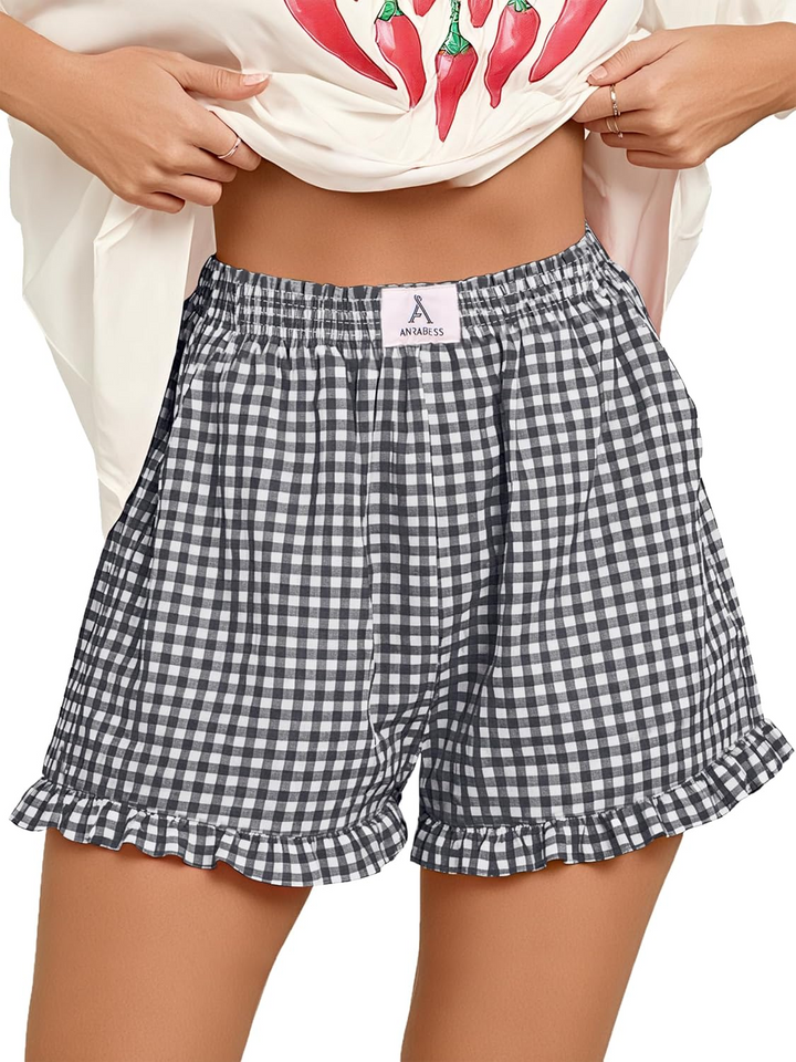 ANRABESS Womens Ruffle Boxer Shorts Pajama Gingham Shorts Summer Casual Lounge Sleep Plaid Beach Bottoms Pockets 2026 Trendy