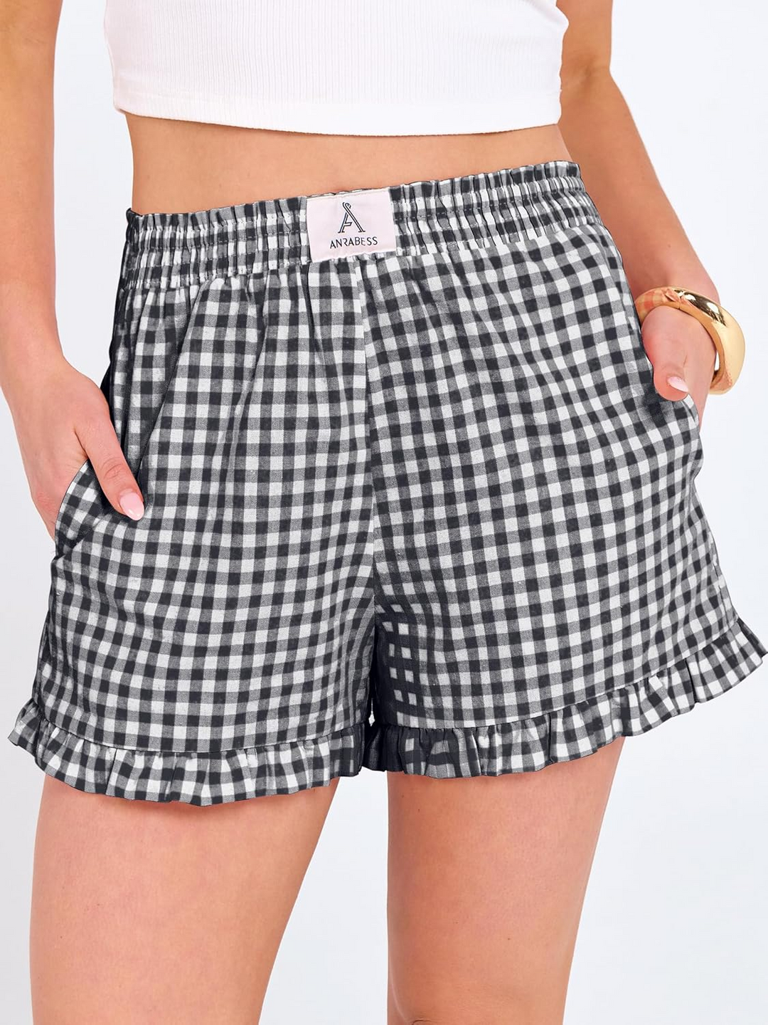 ANRABESS Womens Ruffle Boxer Shorts Pajama Gingham Shorts Summer Casual Lounge Sleep Plaid Beach Bottoms Pockets 2026 Trendy