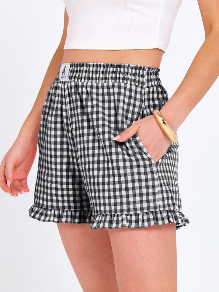 ANRABESS Womens Ruffle Boxer Shorts Pajama Gingham Shorts Summer Casual Lounge Sleep Plaid Beach Bottoms Pockets 2026 Trendy